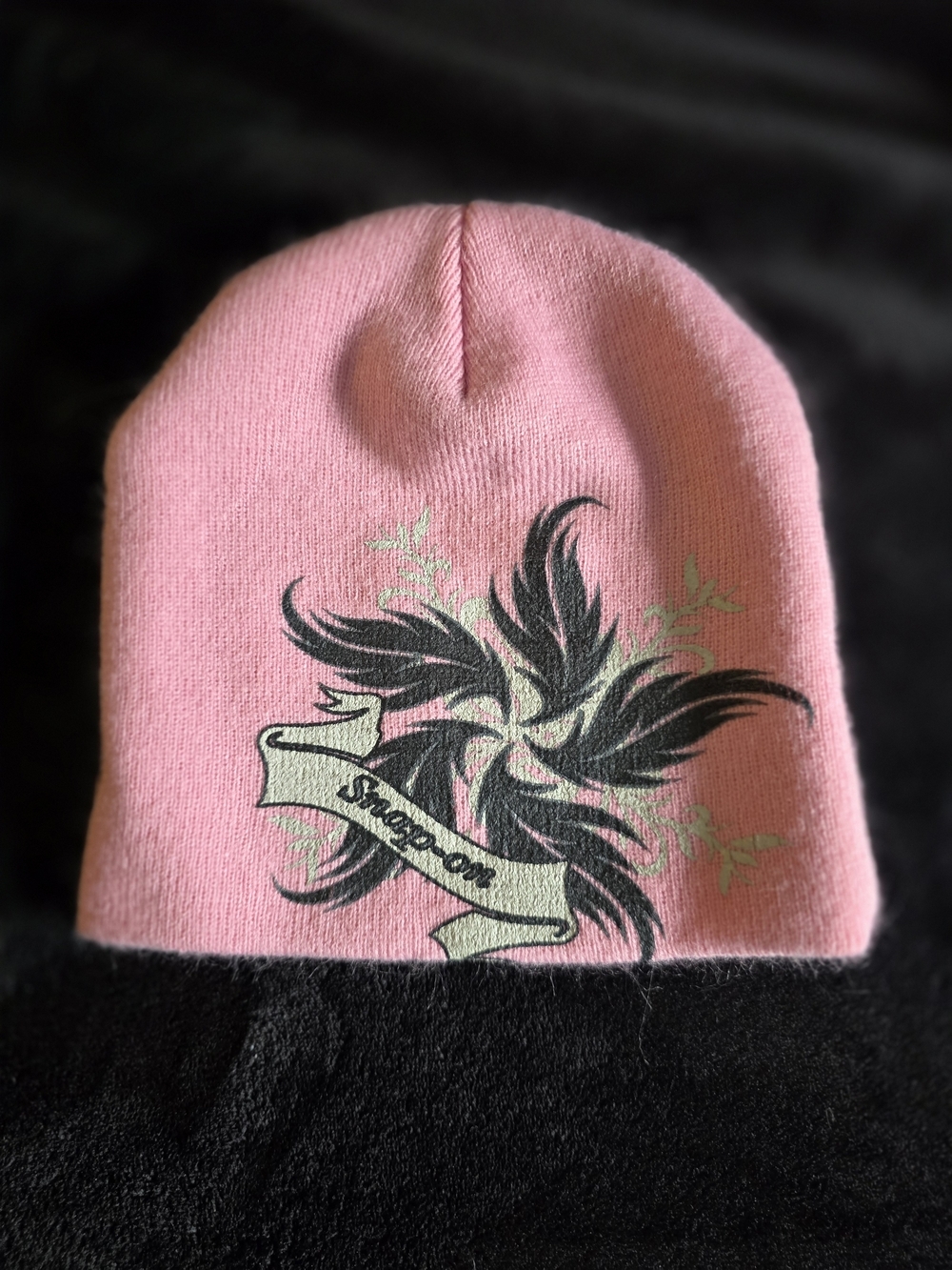 Snap-on Pink Knit Beanie Hat Black Tribal Graphic Official Licensed